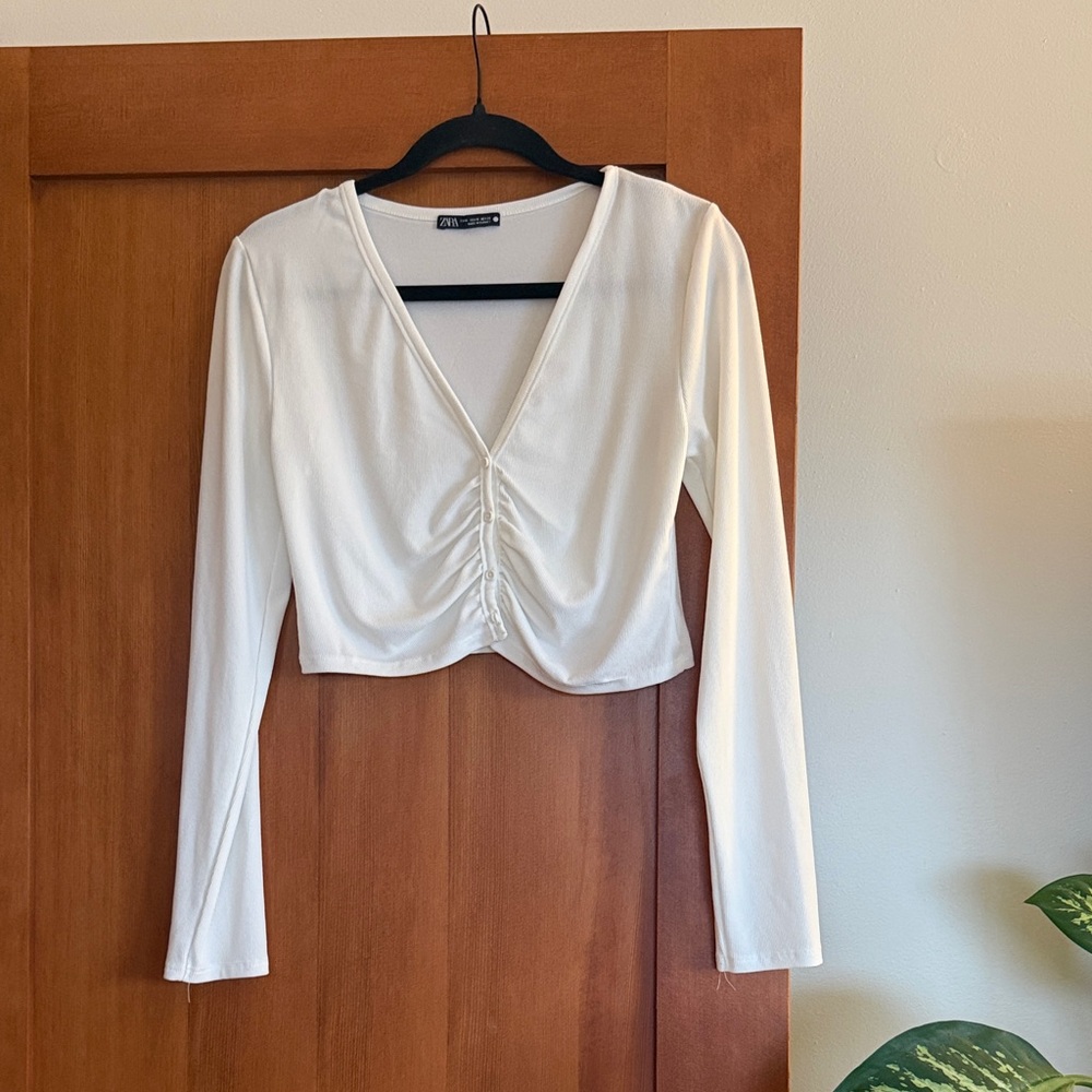 Zara White Long Sleeve Crop Top